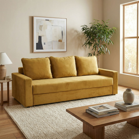 Canapea NICO II extensibila, 3 locuri, cu arcuri si lada depozitare, galben, 220x85x75 cm [5]