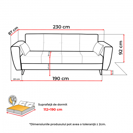 Canapele Extensibile - Canapea SIENA extensibila, 3 locuri, cu arcuri si lada depozitare, 230x87x92 cm - ExpoMob