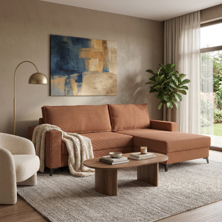 Coltar extensibil FREDERIC, cu arcuri si lada depozitare, colt dreapta, caramiziu, 235x160x95 cm [7]