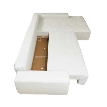 Produs în România - Coltar MARIBO L BUCLE extensibil, cu arcuri si lada depozitare, colt dreapta, crem, 280x204x92 cm