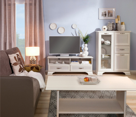 Comode - Comoda cu vitrina cu 3 usi si 1 sertar TIFFANY II, geam, crem fineline, 94x37x125,3 cm