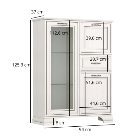 Comode - Comoda cu vitrina cu 3 usi si 1 sertar TIFFANY II, geam, crem fineline, 94x37x125,3 cm