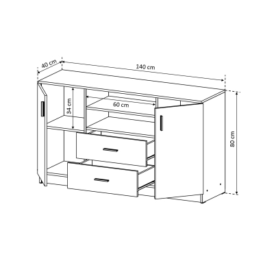 Depozitare - Comoda LUXOR, 2 usi, 2 sertare, 140x40x80 cm - ExpoMob