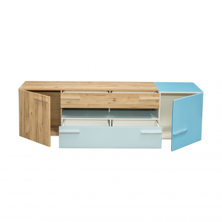 Comode - Comoda TV SIERO SORT131-N60, 2 usi, 2 sertare, stejar si alb lucios, 189,9x52,9x52,9 cm - ExpoMob