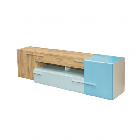 Comode - Comoda TV SIERO SORT131-N60, 2 usi, 2 sertare, stejar si alb lucios, 189,9x52,9x52,9 cm - ExpoMob