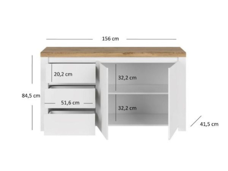 Comode - Comoda VIGO, 2 usi, 3 sertare, alb + stejar wotan, 156x41,5x84,5 cm