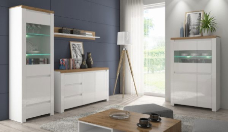 Comode - Comoda VIGO, 2 usi, 3 sertare, alb + stejar wotan, 156x41,5x84,5 cm