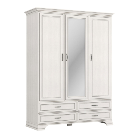 Mobilier Dormitor - Dulap 3 usi si 4 sertare cu oglinda TIFFANY, cu bara haine si rafturi, crem fineline, 159x62,4x212,1 cm