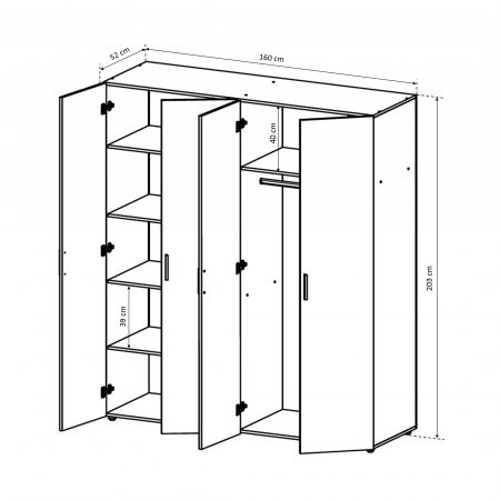 Dulap ALMA L, 4 usi, 6 rafturi, bara de haine, 160x52x203 cm - ExpoMob
