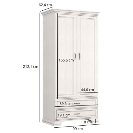 Dressinguri - Dulap cu 2 usi si 2 sertare TIFFANY II, cu bara haine, crem fineline, 99x62,4x212,1 cm