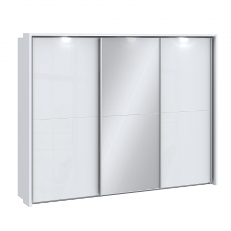 Dressinguri - Dulap LONA LQNS13214B, usi glisante, oglinda, 3 rafturi, bara de haine, alb, 280,5x63,9x215,9 cm - ExpoMob