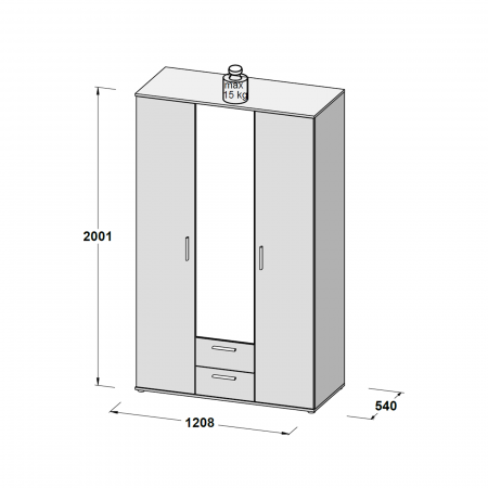 Depozitare - Dulap NANO - NNS83S-C510, 3 usi, oglinda, 6 rafturi, bara de haine, stejar tabak + alb, 121x54x200,1 cm - ExpoMob