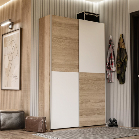 Depozitare - Dulap pentru haine OZLS62237-Q45F, usi glisante, rafturi,  sonoma + alb, 120x41x190 cm - ExpoMob