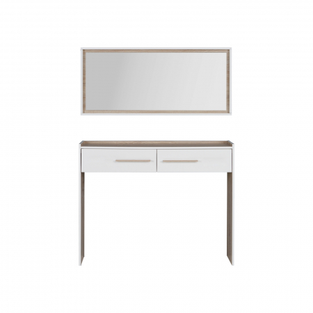 Comode - Masuta hol NERKOZZA, 2 sertare, corp alb, fronturi sonoma, 112,7x25,8x170 cm - ExpoMob