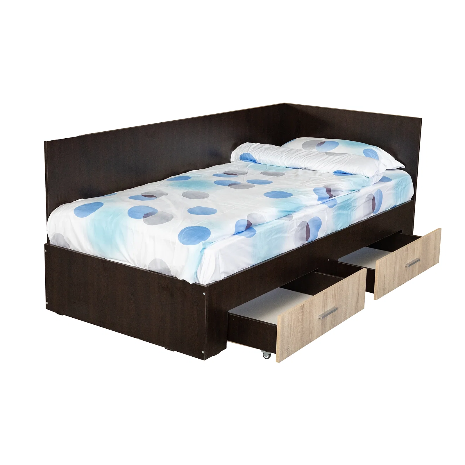 Paturi - Pat Colt Alma Drept 90x200 cm, cu 2 sertare laterale pe role, colt interschimbabil, sonoma inchis + sonoma deschis