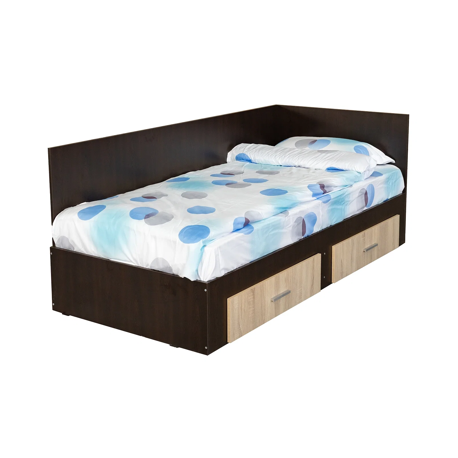 Paturi - Pat Colt Alma Drept 90x200 cm, cu 2 sertare laterale pe role, colt interschimbabil, sonoma inchis + sonoma deschis