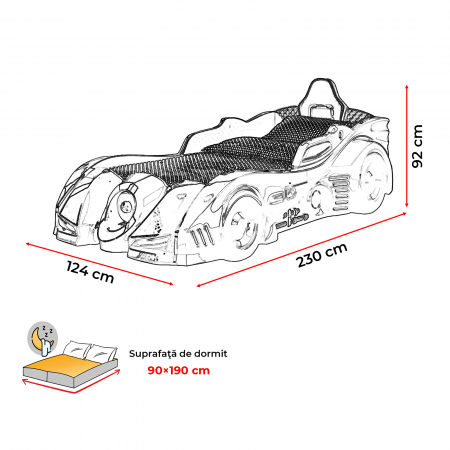 Pat pentru copii masina BATMAN, cu leduri, sunet, telecomanda, 90x190 cm  - ExpoMob [7]