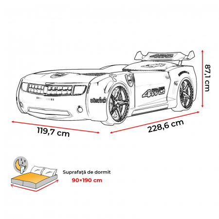 Pat pentru copii masina CAMARO, cu leduri, 90x190 cm  - ExpoMob [7]