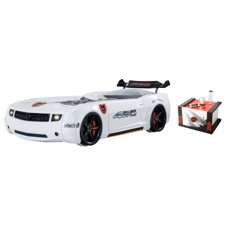 Pachete - Pat pentru copii masina CAMARO, cu leduri, 90x190 cm, alb + Noptiera SPORT, 45x57x34 - ExpoMob