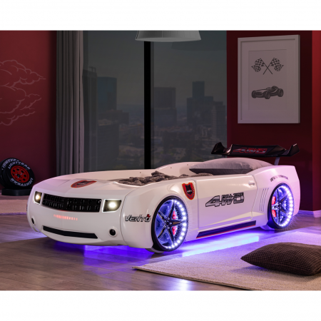 Pat pentru copii masina CAMARO, cu leduri, 90x190 cm, alb + Noptiera SPORT, 45x57x34 - ExpoMob [9]