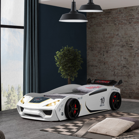 Pat pentru copii masina ECO VENTO, cu faruri, alb, 90x190 cm - ExpoMob [5]