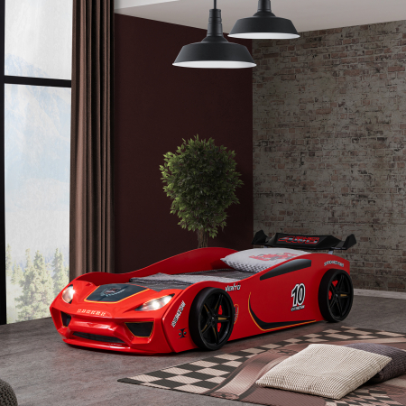 Pat pentru copii masina ECO VENTO, cu faruri, alb, 90x190 cm - ExpoMob [5]