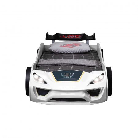 Pat pentru copii masina ECO VENTO, cu faruri, alb, 90x190 cm - ExpoMob [1]