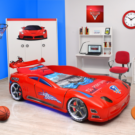 Pat pentru copii masina ENZO, cu leduri, sunet, telecomanda, rosu, 90x190 cm  + Noptiera SPORT, 45x57x34 - ExpoMob [8]