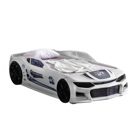 Pat pentru copii masina MINI CHAMPION, alb, 70x140 cm
