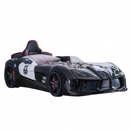 Paturi Copii Masini - Pat pentru copii masina Police, cu sunet, telecomanda si lumini LED, 90x190 cm - ExpoMob