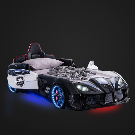 Pat pentru copii masina Police, cu sunet, telecomanda si lumini LED, 90x190 cm - ExpoMob [4]