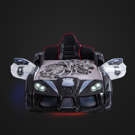 Pat pentru copii masina Police, cu sunet, telecomanda si lumini LED, 90x190 cm - ExpoMob [6]