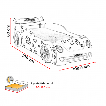 Pat pentru copii masina VOSVOS ECO, cu faruri, lumini led, 90x190 cm - ExpoMob [7]