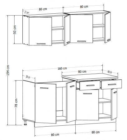 Bucătării - Set bucatarie CORINNE, L 160, 4 corpuri, blat termorezistent- ExpoMob