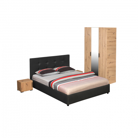 Dormitoare - Set dormitor ECONO, 4 piese, pat 140x200 cm, dulap 3 usi, 2 noptiere, artisan + gri antracit - ExpoMob