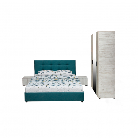 Dormitoare - Set dormitor ECONO, 4 piese, pat 140x200 cm, dulap 4 usi, 2 noptiere, pin antichizat + turcoaz - ExpoMob