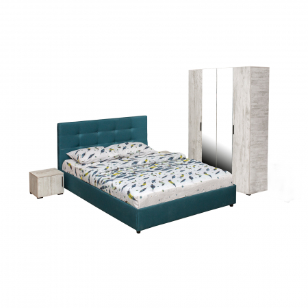 Dormitoare - Set dormitor ECONO, 4 piese, pat 160x200 cm, dulap 4 usi, 2 noptiere, pin antichizat + turcoaz - ExpoMob