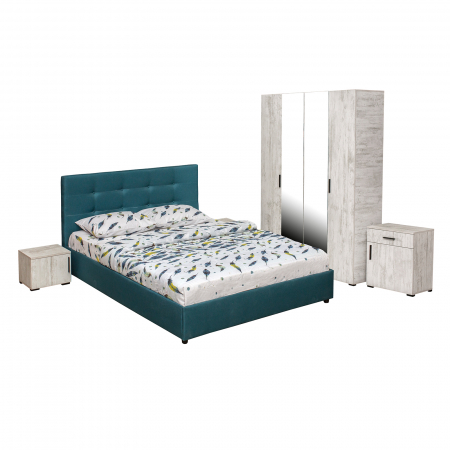 Dormitoare Moderne - Set dormitor ECONO, 5 piese, pat 140x200 cm, dulap 4 usi, comoda, 2 noptiere, pin antichizat + turcoaz - ExpoMob