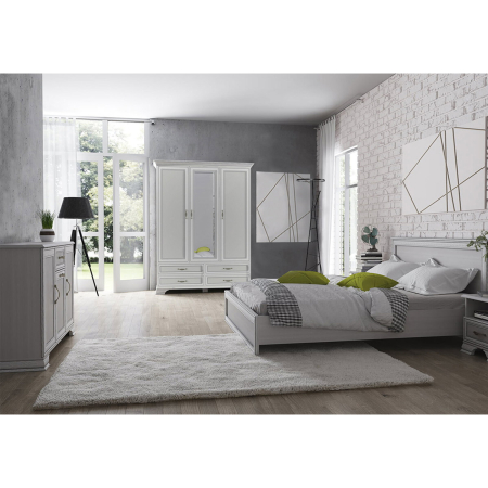 Mobilier Dormitor - Set dormitor TIFFANY II, 5 piese, pat 160x200 cm, dulap 3 usi si 4 sertare, comoda, 2 noptiere, crem fineline