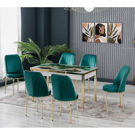 Mese Living - Set LION GOLD, masa extensibila cu 6 scaune, dreptunghiulara, alb print verde + auriu + verde, 130/170x80x75 cm