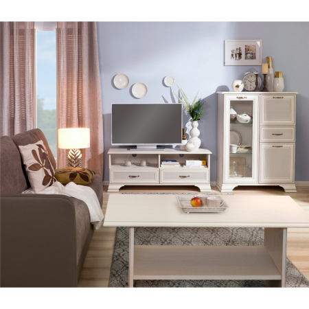 Livinguri - Set living TIFFANY II, 3 piese, comode TV cu 2 sertare, comoda cu 3 usi si 1 sertar, masuta de cafea, crem fineline