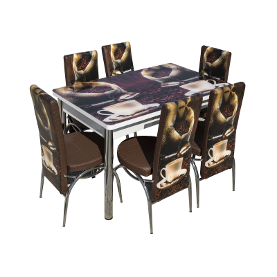 Set Lara, masa extensibila cu 6 scaune print, maro cafea, 130/165x80x79 cm