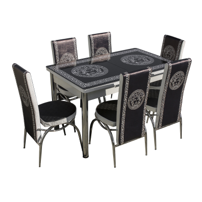 Set Lara, masa extensibila cu 6 scaune print, negru, 130/165x80x79 cm