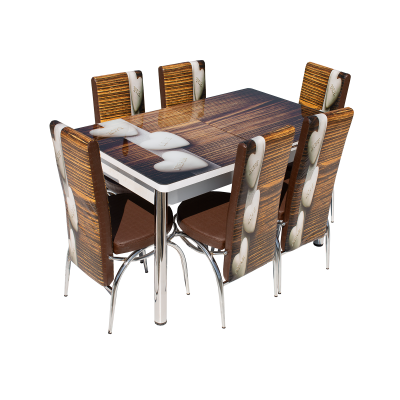 Set Lara, masa extensibila cu 6 scaune print, maro inimi, 130/165x80x79 cm