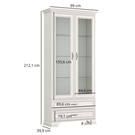 Vitrine - Vitrina cu 2 usi si 2 sertare TIFFANY II, geam, crem fineline, 99x39,9x212,1 cm