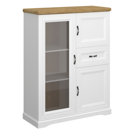 Colectia RIVA - Vitrina joasa RIVA, 3 usi, 1 sertar, geam, alb + stejar harbor, 102,7x41x133,6 cm