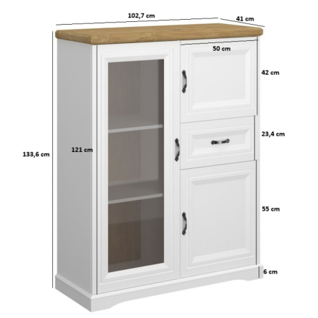 Colectia RIVA - Vitrina joasa RIVA, 3 usi, 1 sertar, geam, alb + stejar harbor, 102,7x41x133,6 cm
