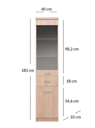 Vitrine - Vitrina TOP MIX, 2 uși, 1 sertar, geam, stejar sonoma, 40x33x183 cm