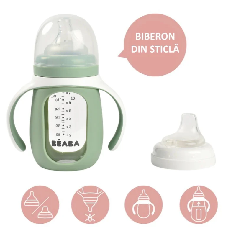 Biberon de invatare 2 in 1 din Sticla Beaba 210 ml  Sage Green [3]