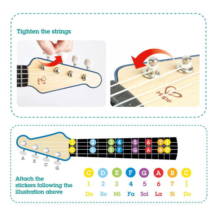 Jucarie din lemn - Instrument Ukulele (chitara) albastru - invata sa canti cu lumini [6]
